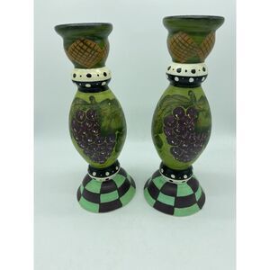 candle sticks Set Of 2 10 Inches Tall‎ Grapes Leaves Vintage Hand painted